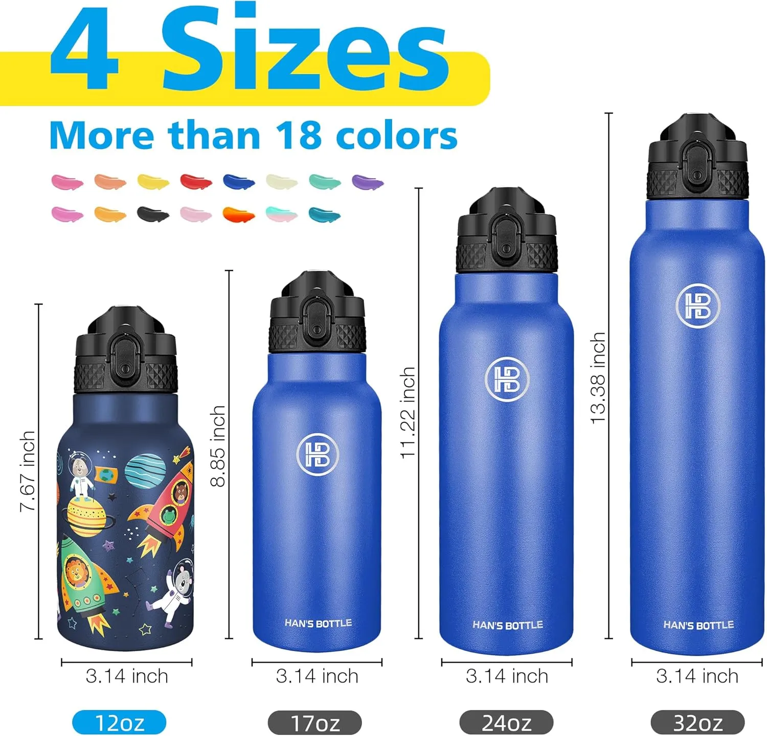 Han's Bottle Kids Water Bottle with Straw Lid - Insulated Stainless Steel Reusable Tumbler for Girls,Boys,Thermo Mug,12oz,Cosmic Animals