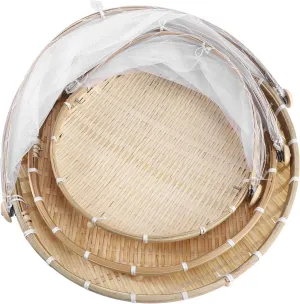 Happyyami 3pcs Covered Rectangular Bamboo Serving Food Tent Basket Handwoven Bamboo Serving Basket- Bug- Proof Mosquitoesor Vegetable Fruits Khaki