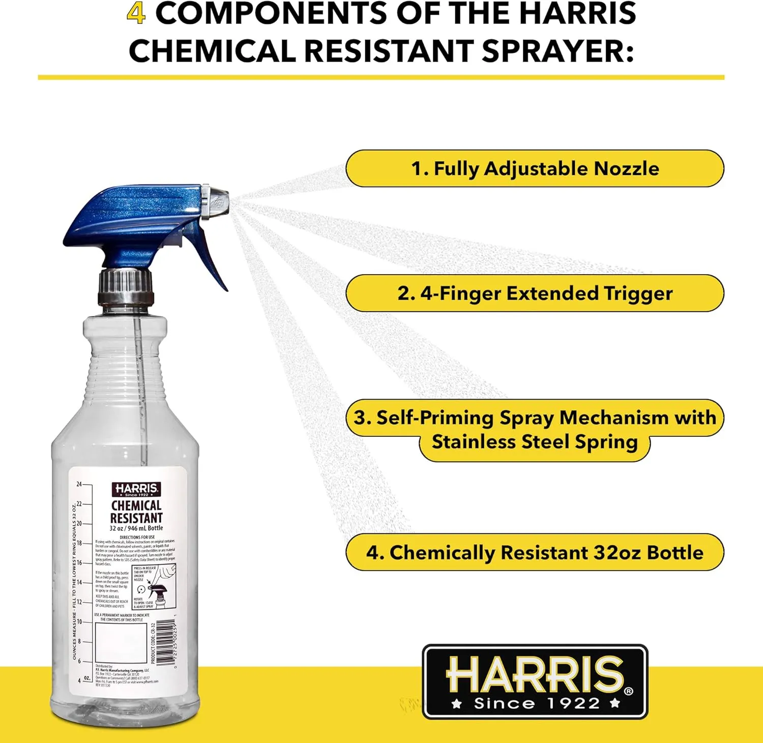 HARRIS Chemically Resistant Professional Empty Spray Bottles, 32oz (3-Pack), for Cleaning Solutions and Water