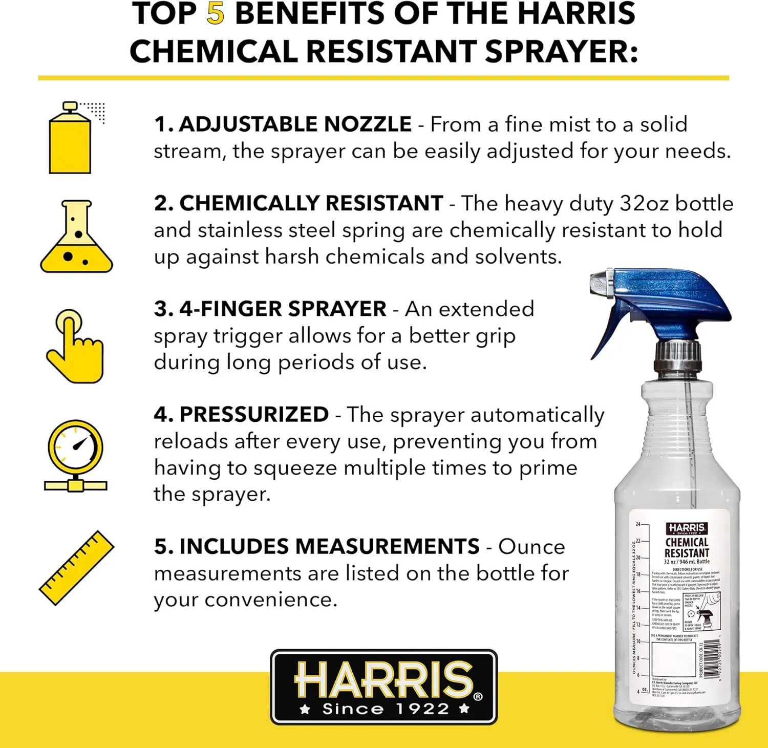 HARRIS Chemically Resistant Professional Empty Spray Bottles, 32oz (3-Pack), for Cleaning Solutions and Water