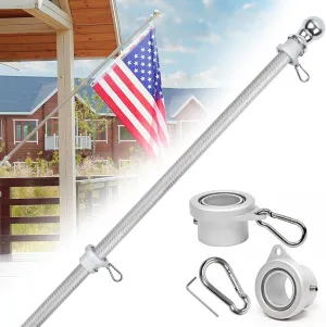 HIBLE 5FT House Flag Pole Silver Carbon Fiber Flagpoles with Bracket, Wall Mounted Flag Pole with Rotating Spinners, 4 Sections 1 Inch Tangle Free Flag Pole (No Flag)