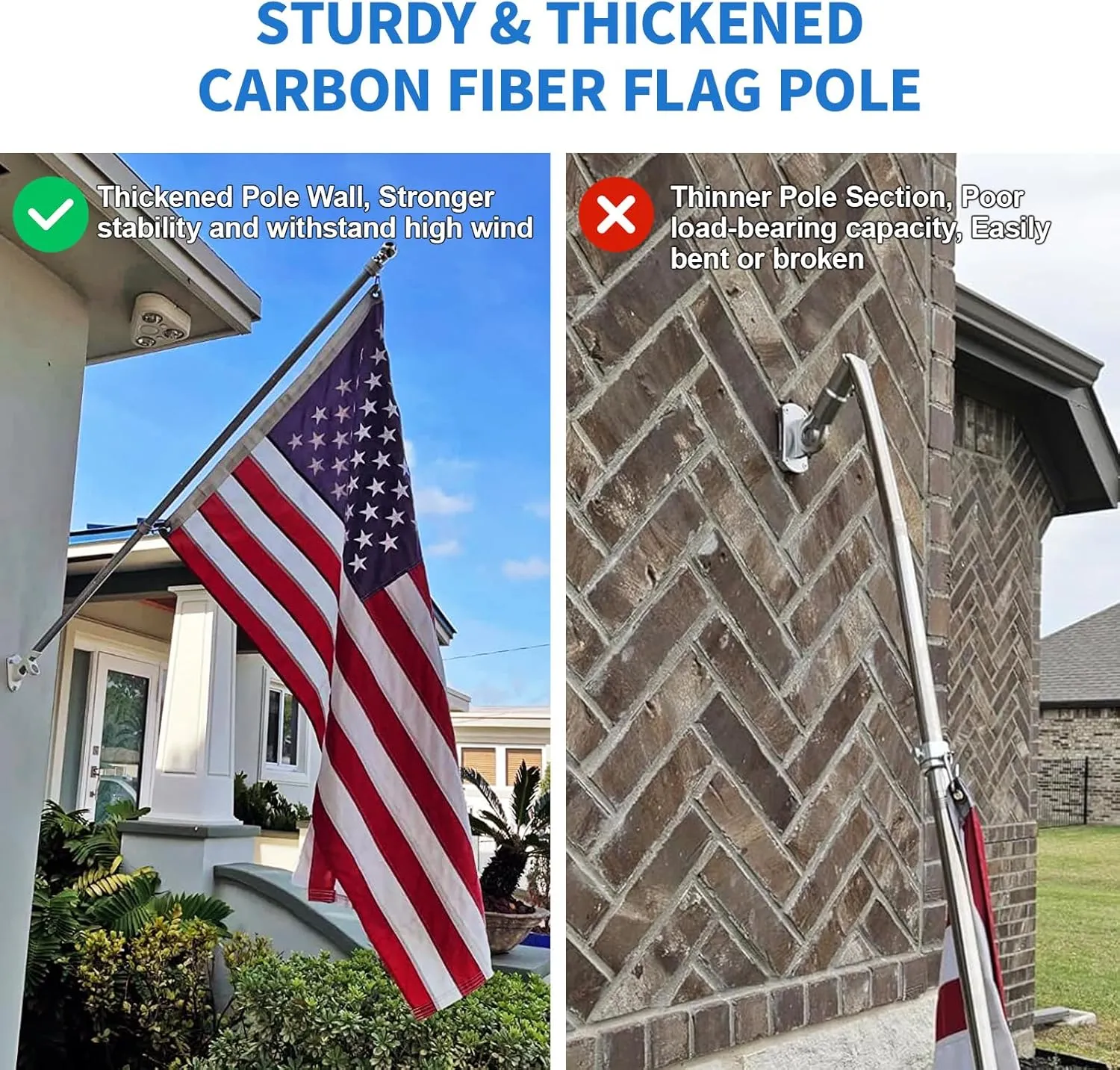 HIBLE 5FT House Flag Pole Silver Carbon Fiber Flagpoles with Bracket, Wall Mounted Flag Pole with Rotating Spinners, 4 Sections 1 Inch Tangle Free Flag Pole (No Flag)