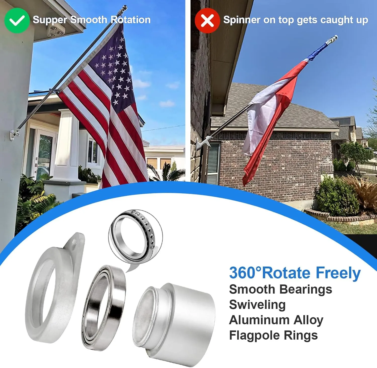 HIBLE 5FT House Flag Pole Silver Carbon Fiber Flagpoles with Bracket, Wall Mounted Flag Pole with Rotating Spinners, 4 Sections 1 Inch Tangle Free Flag Pole (No Flag)