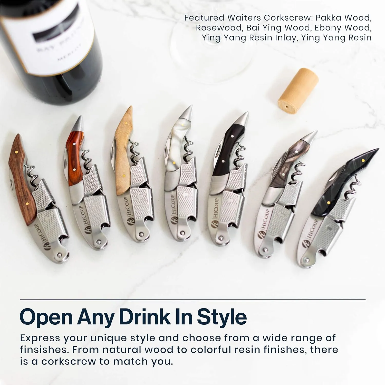 Hicoup Wine Opener - Professional Corkscrews for Wine Bottles w/Foil Cutter and Cap Remover - Manual Wine Key for Servers, Waiters, Bartenders and Home Use - Stainless Steel Ebony