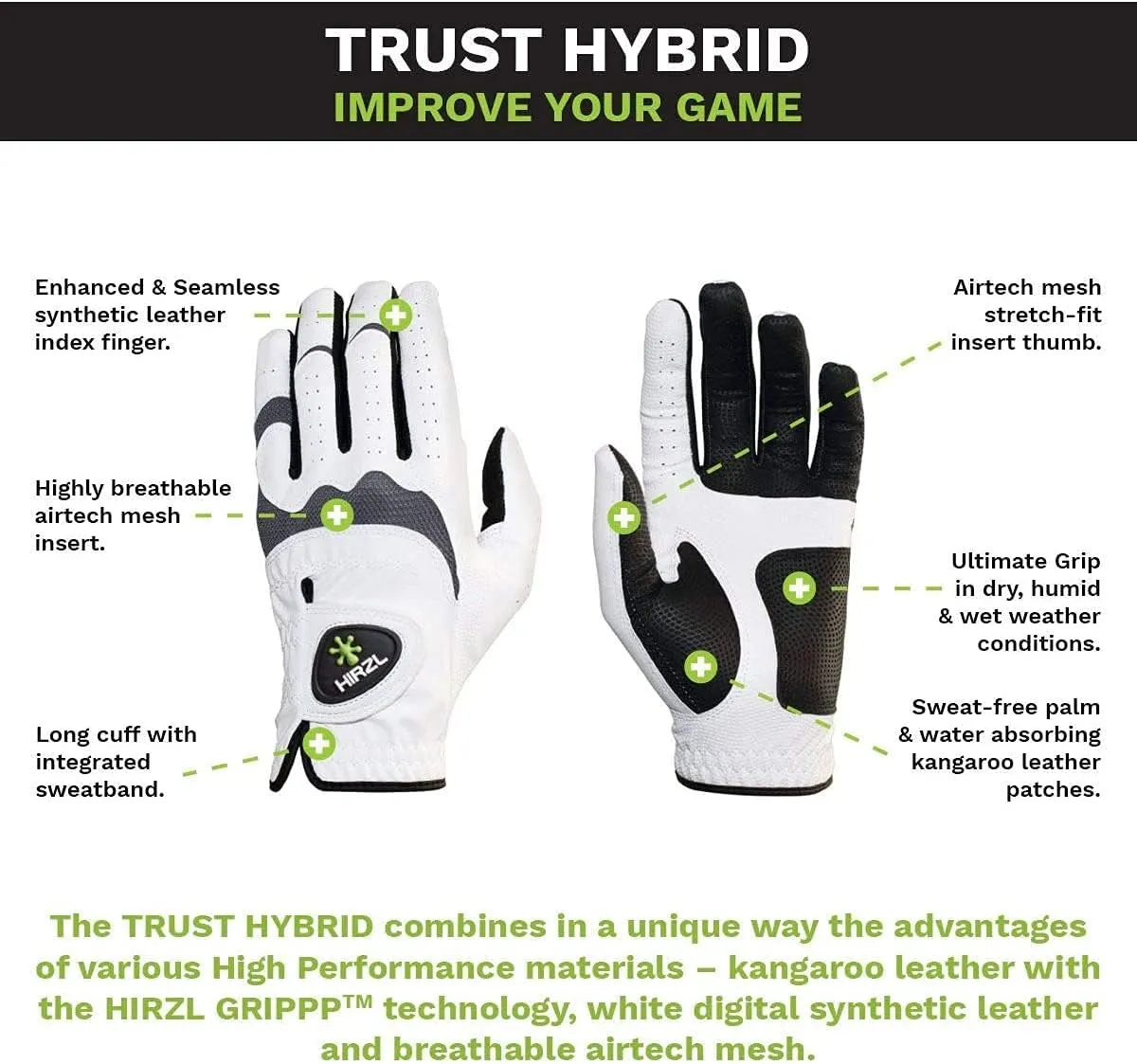 HIRZL Trust Hybrid Golf Glove– All Weather Mens Golf Glove (White/Black) | Nylon, Kangaroo Leather, Polyester | Ultimate Grip (Wet or Dry), Ergonomic Fit, Breathable, Sweat Free, Water Repellent