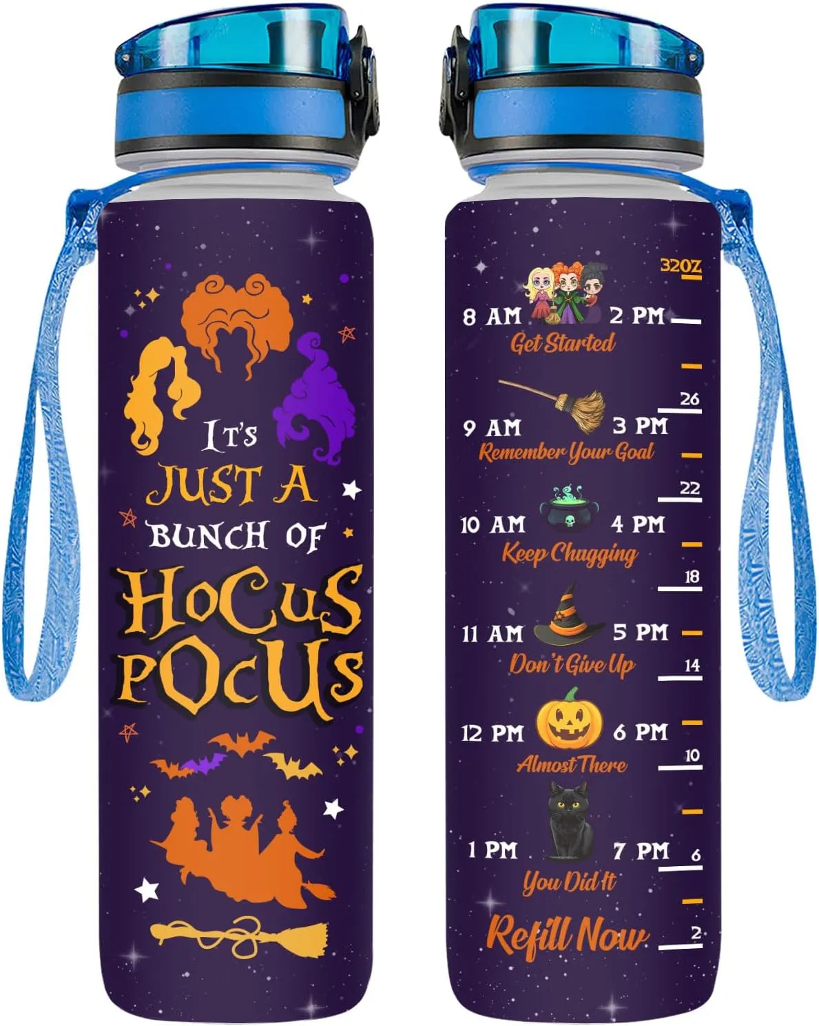 Hocus 32 Oz Water Track Bottle, Witch Water Bottle With Time Marker, Movie Characters Motivational Insulated Water Bottle, Gifts For Movie Lovers