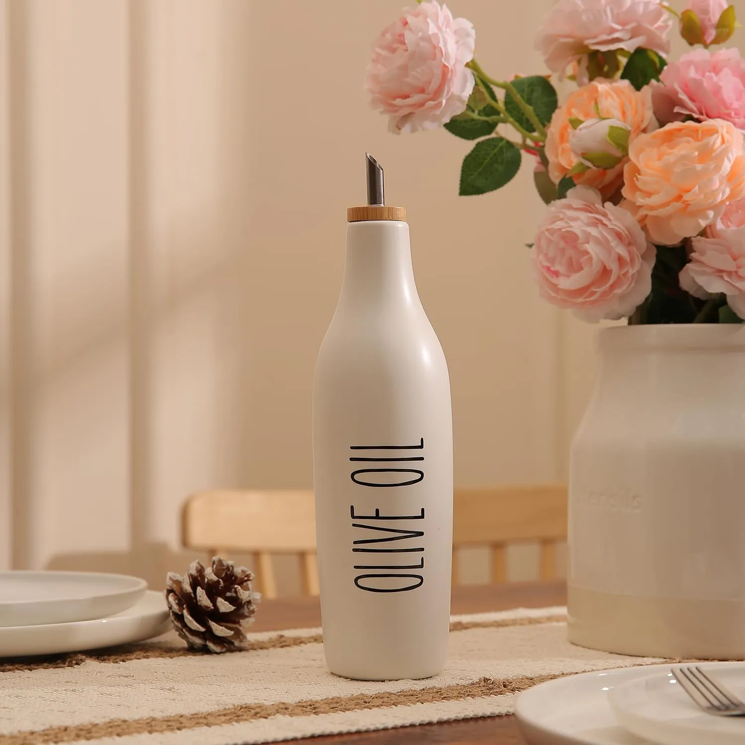 HOMCDALY Ceramic Olive Oil Dispenser for Kitchen, Stoneware 16oz Oil Cruet and Vinegar Bottles Dispenser, Kitchen Dispenser Bottle for EVOO Vinegar Syrups, Modern Farmhouse Design(W-O)