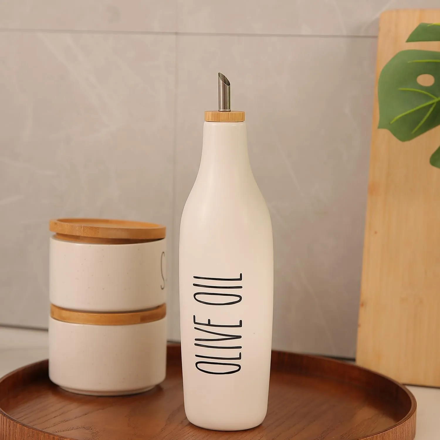 HOMCDALY Ceramic Olive Oil Dispenser for Kitchen, Stoneware 16oz Oil Cruet and Vinegar Bottles Dispenser, Kitchen Dispenser Bottle for EVOO Vinegar Syrups, Modern Farmhouse Design(W-O)