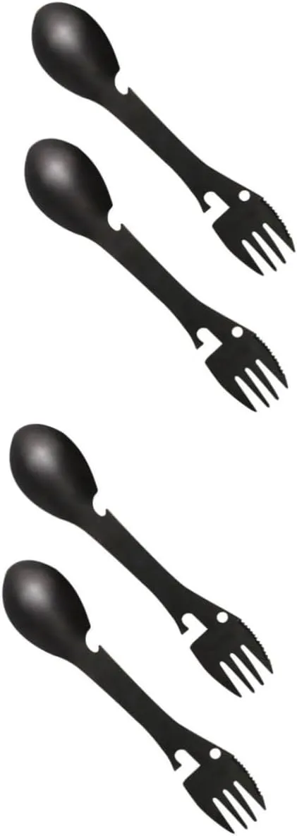 Homoyoyo 2pcs 5-in-1 Portable Stainless Steel Camping Spork Set Spoon Fork Bottle & Can Opener for Hiking