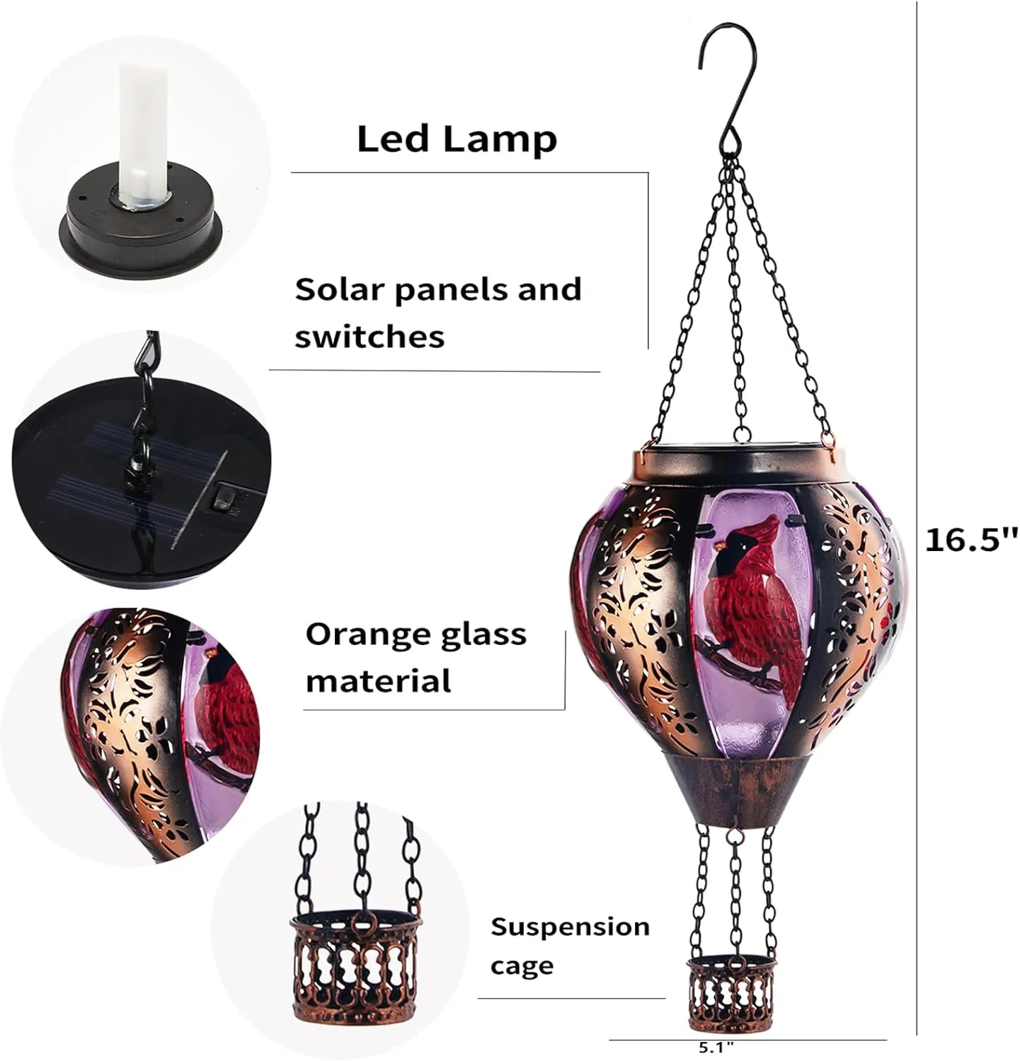 Hot Air Balloon Solar Lantern Outdoor - Flame Hanging Solar Light Waterproof Lanterns for Patio Garden Yard Farmhouse Decor, Great Gift(Cardinal)