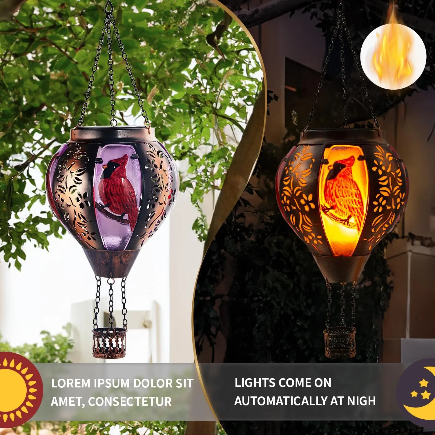 Hot Air Balloon Solar Lantern Outdoor - Flame Hanging Solar Light Waterproof Lanterns for Patio Garden Yard Farmhouse Decor, Great Gift(Cardinal)