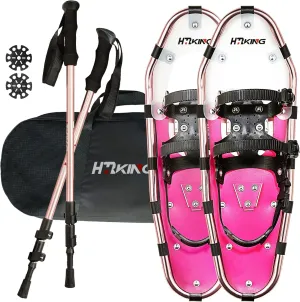 HRKING Lightweight Terrain Showshoes Set for Women Men and Kids, with Trekking Poles and Carrying Tote Bag, 14"/ 21"/ 25"/ 30",Gold/Pink Red/Blue