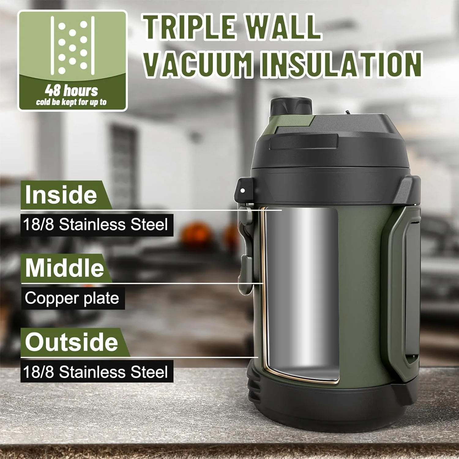 Hydraful 1 Gallon Water Jug, 128 oz Large Insulated Stainless Steel Sports Water Jug, Large Triple Wall Vacuum Insulation Water Bottle-Keeps Cold up to 48 Hrs-Sweat Proof, for Gym, Hiking & Camping