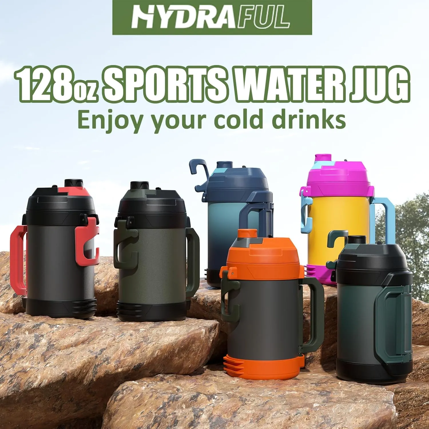 Hydraful 1 Gallon Water Jug, 128 oz Large Insulated Stainless Steel Sports Water Jug, Large Triple Wall Vacuum Insulation Water Bottle-Keeps Cold up to 48 Hrs-Sweat Proof, for Gym, Hiking & Camping