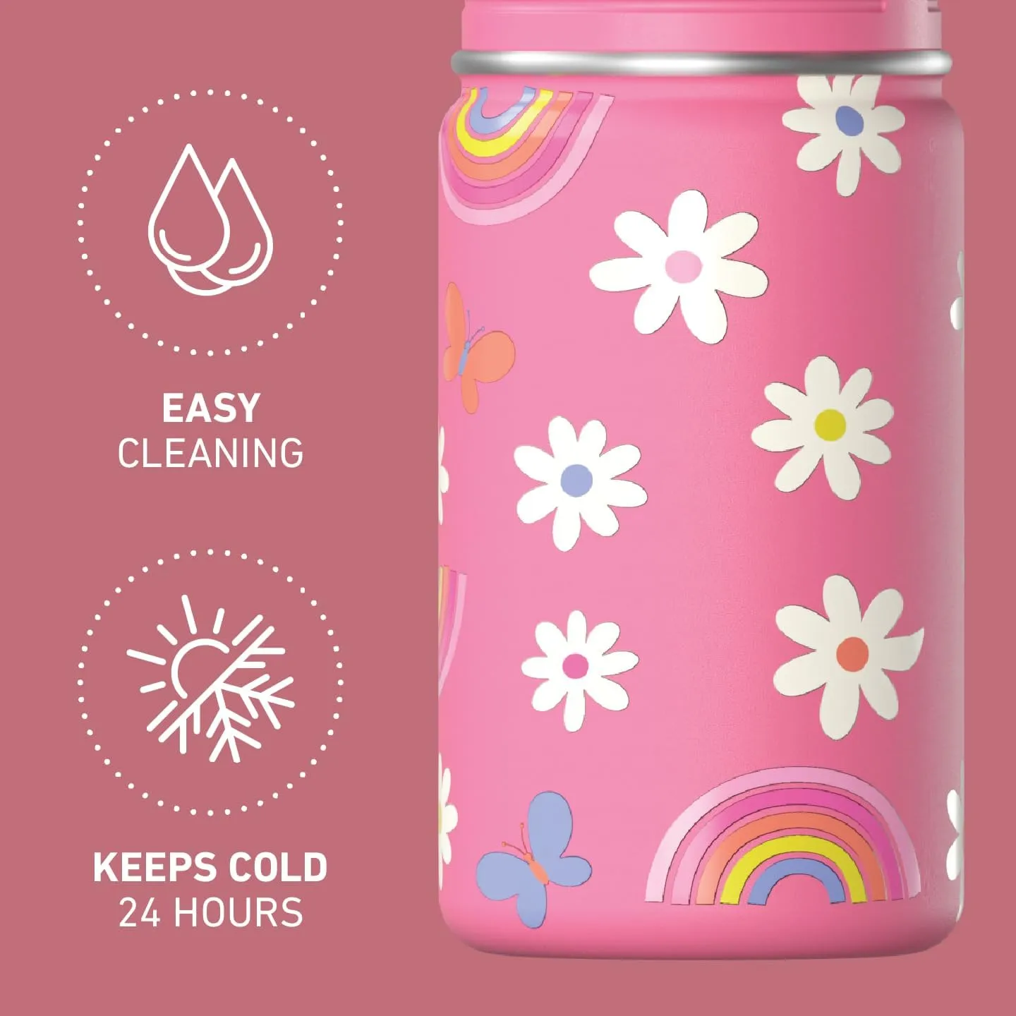 Hydrapeak Mini 14oz Fun Sticker Print Water Bottle with Straw Lid, Stainless Steel Double Wall Insulated, Leak-Proof and Spill-Proof, Rainbow Daisy-Hot Pink