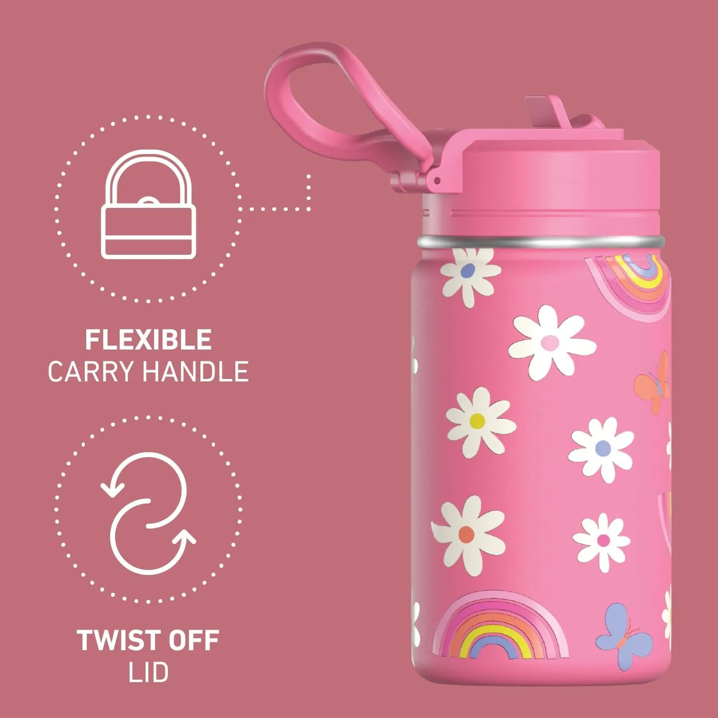 Hydrapeak Mini 14oz Fun Sticker Print Water Bottle with Straw Lid, Stainless Steel Double Wall Insulated, Leak-Proof and Spill-Proof, Rainbow Daisy-Hot Pink