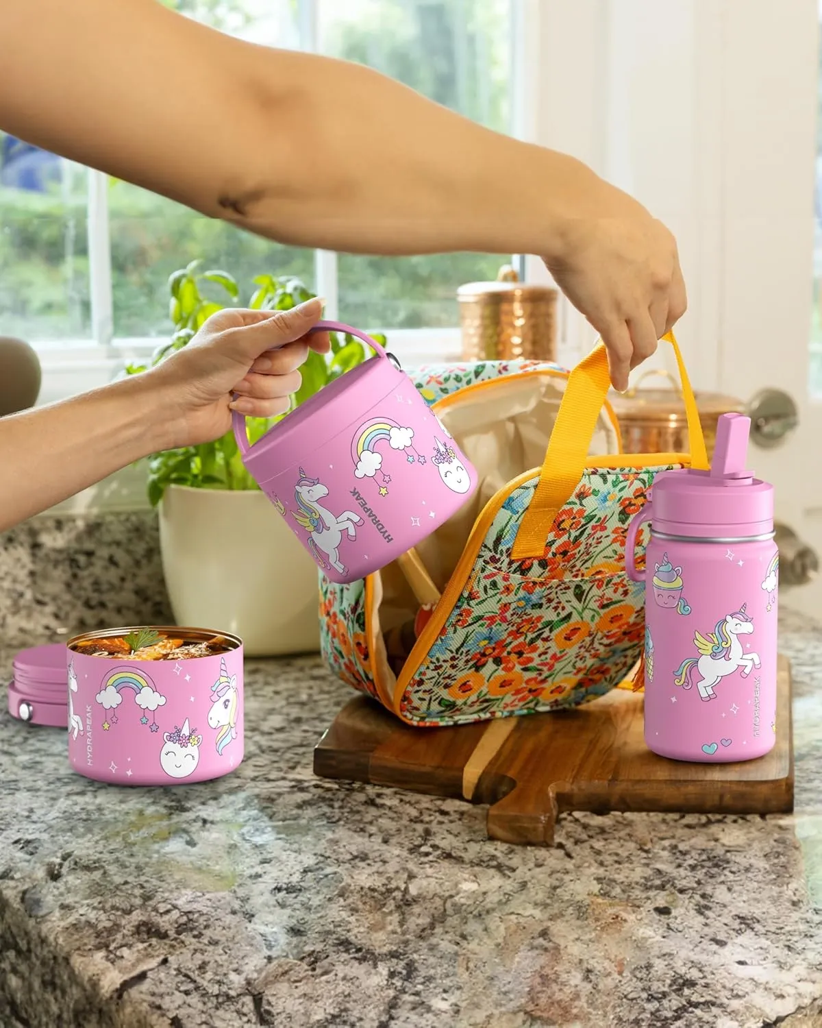 Hydrapeak Mini 14oz Fun Sticker Print Water Bottle with Straw Lid, Stainless Steel Double Wall Insulated, Leak-Proof and Spill-Proof, Rainbow Daisy-Hot Pink