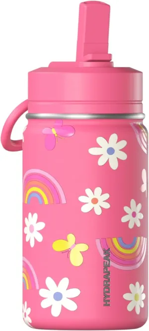 Hydrapeak Mini 14oz Fun Sticker Print Water Bottle with Straw Lid, Stainless Steel Double Wall Insulated, Leak-Proof and Spill-Proof, Rainbow Daisy-Hot Pink