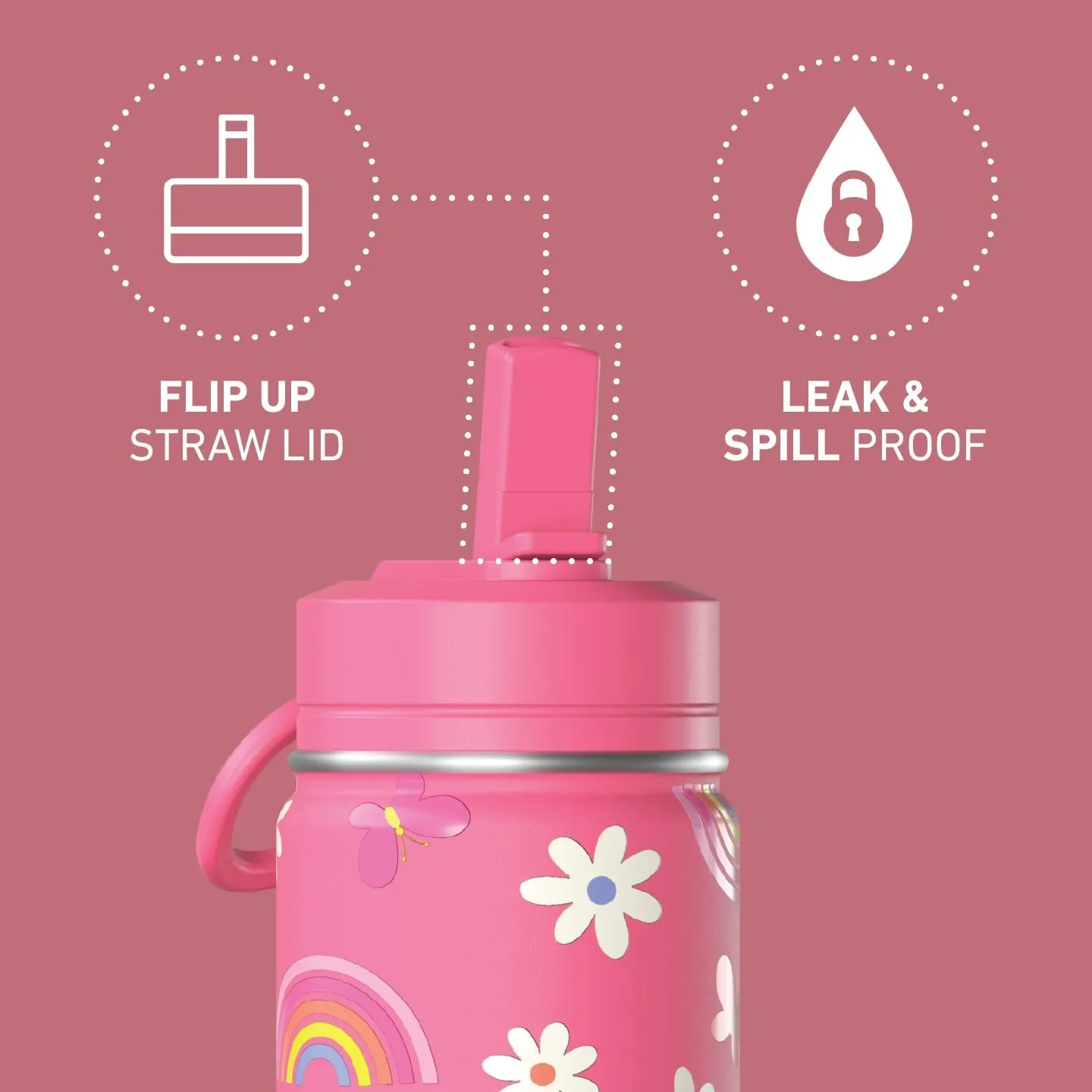 Hydrapeak Mini 14oz Fun Sticker Print Water Bottle with Straw Lid, Stainless Steel Double Wall Insulated, Leak-Proof and Spill-Proof, Rainbow Daisy-Hot Pink