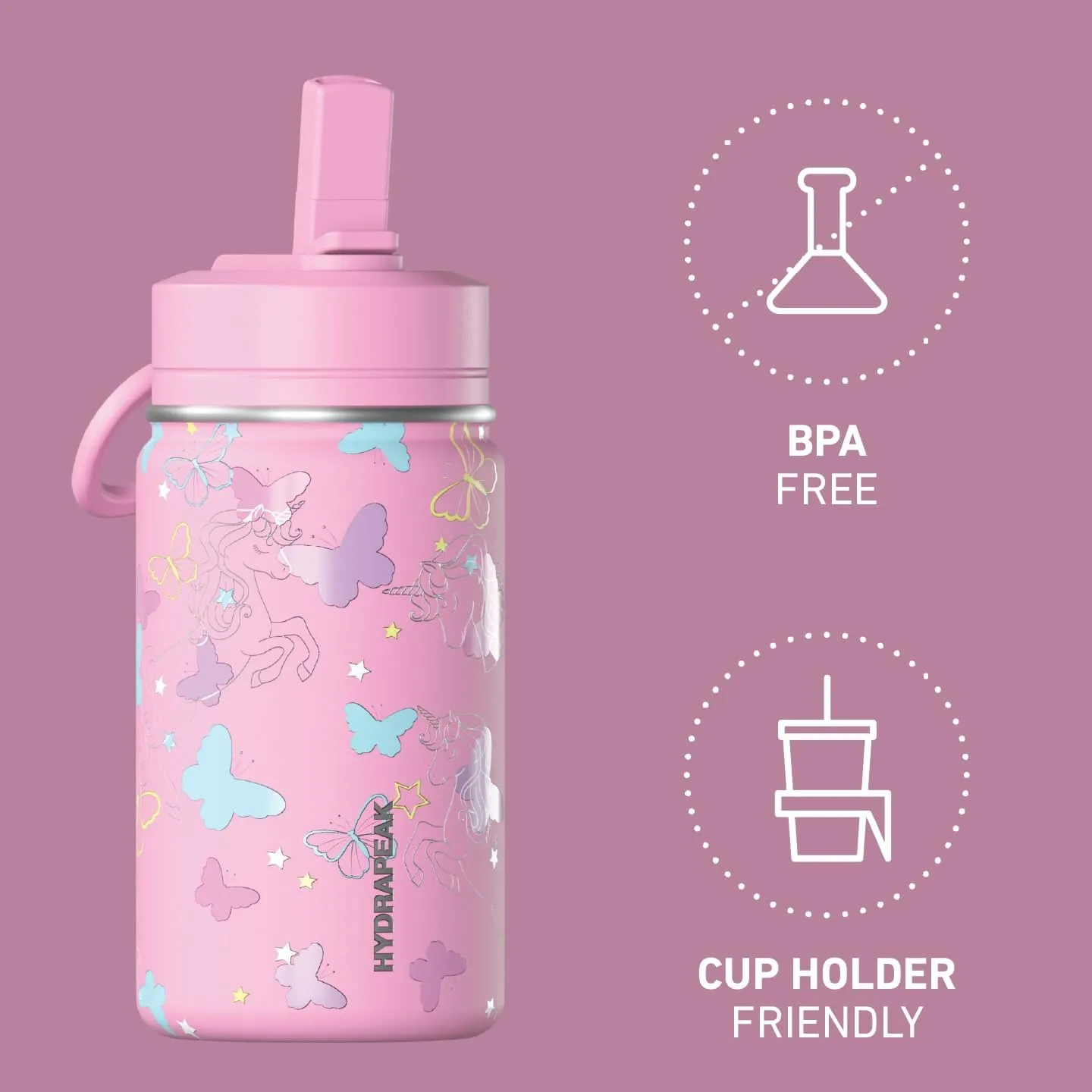 Hydrapeak Mini 14oz Fun Sticker Print Water Bottle with Straw Lid, Stainless Steel Double Wall Insulated Water Bottle, Leak-Proof and Spill-Proof Water Bottle, Butterfly Allover-Bubblegum
