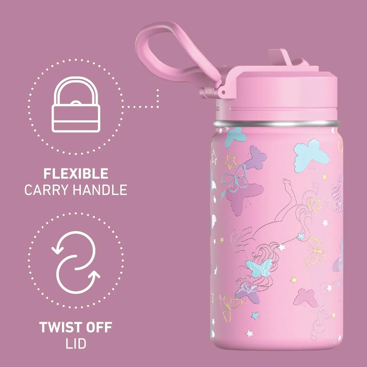 Hydrapeak Mini 14oz Fun Sticker Print Water Bottle with Straw Lid, Stainless Steel Double Wall Insulated Water Bottle, Leak-Proof and Spill-Proof Water Bottle, Butterfly Allover-Bubblegum