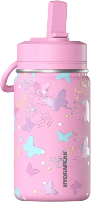 Hydrapeak Mini 14oz Fun Sticker Print Water Bottle with Straw Lid, Stainless Steel Double Wall Insulated Water Bottle, Leak-Proof and Spill-Proof Water Bottle, Butterfly Allover-Bubblegum