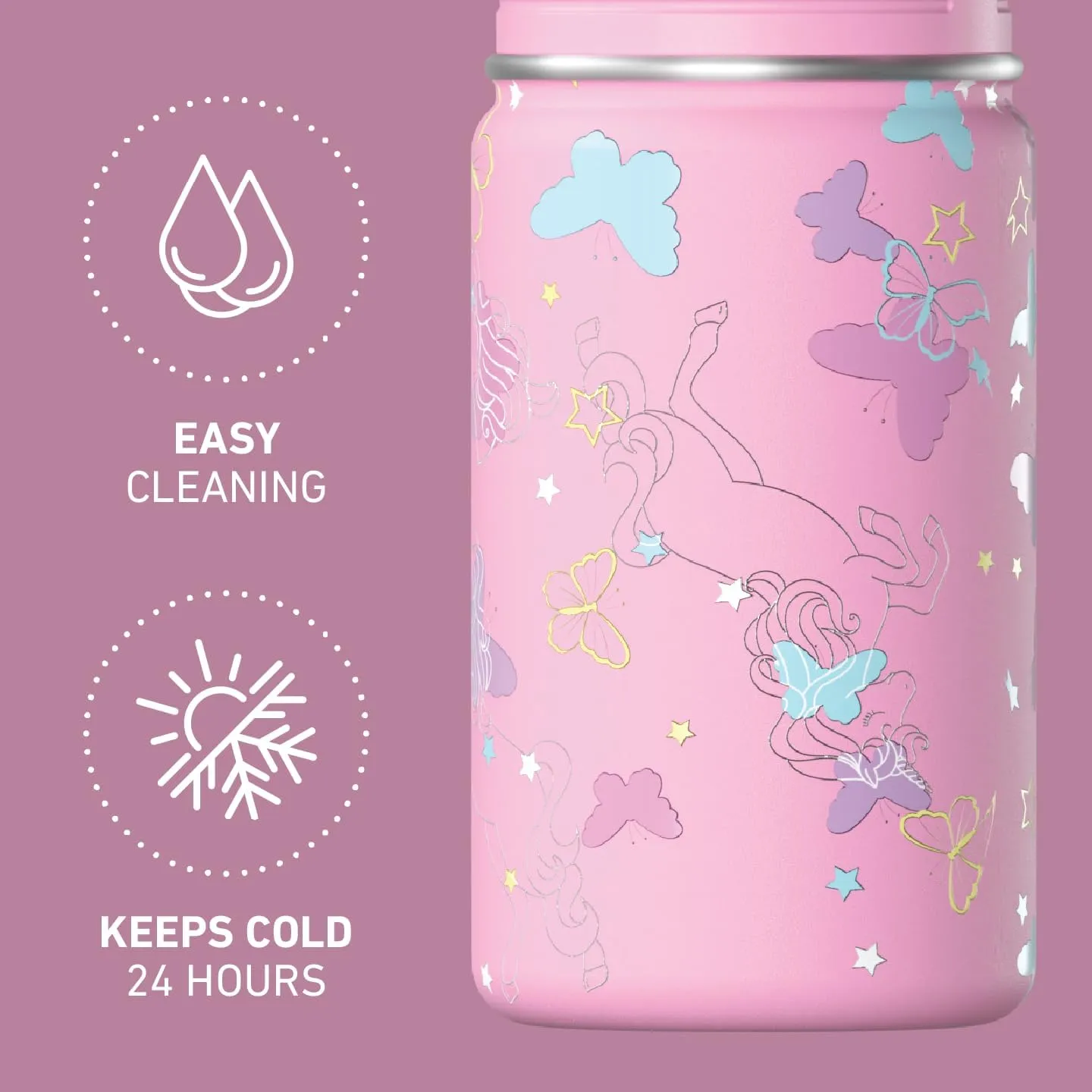 Hydrapeak Mini 14oz Fun Sticker Print Water Bottle with Straw Lid, Stainless Steel Double Wall Insulated Water Bottle, Leak-Proof and Spill-Proof Water Bottle, Butterfly Allover-Bubblegum