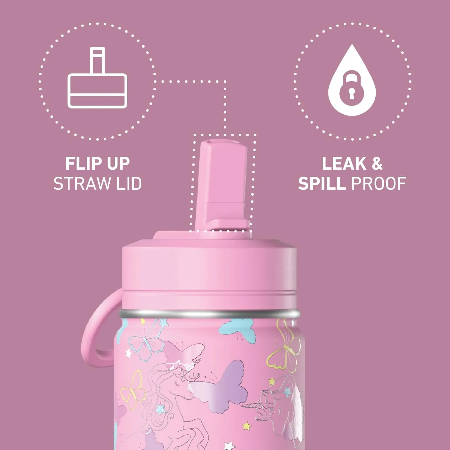 Hydrapeak Mini 14oz Fun Sticker Print Water Bottle with Straw Lid, Stainless Steel Double Wall Insulated Water Bottle, Leak-Proof and Spill-Proof Water Bottle, Butterfly Allover-Bubblegum