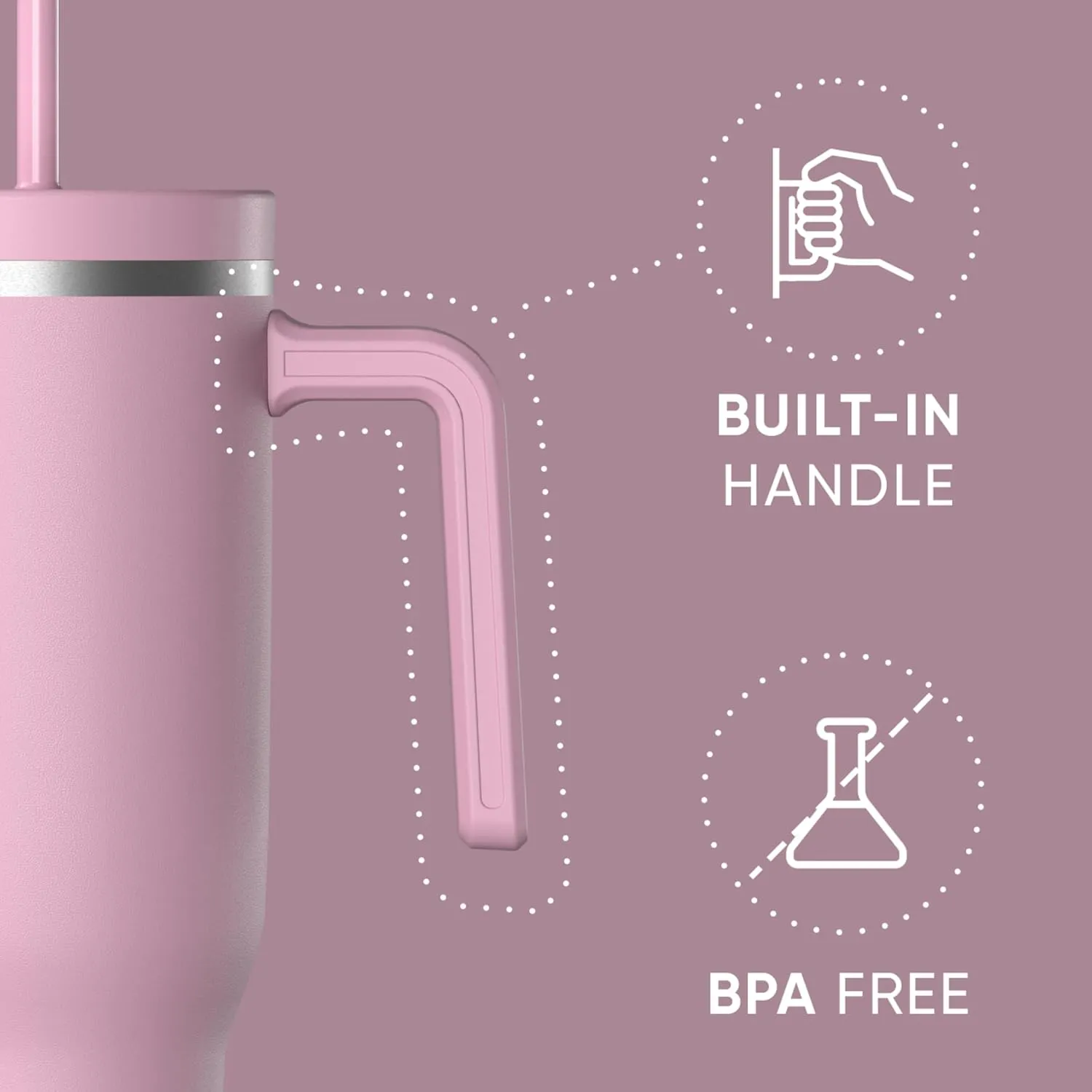 Hydrapeak Voyager 40 Oz Stainless Steel Tumbler with Handle, Insulated Water Bottle With Straw & Lid, Cupholder Friendly Reusable Travel Mug (Cotton Pink)