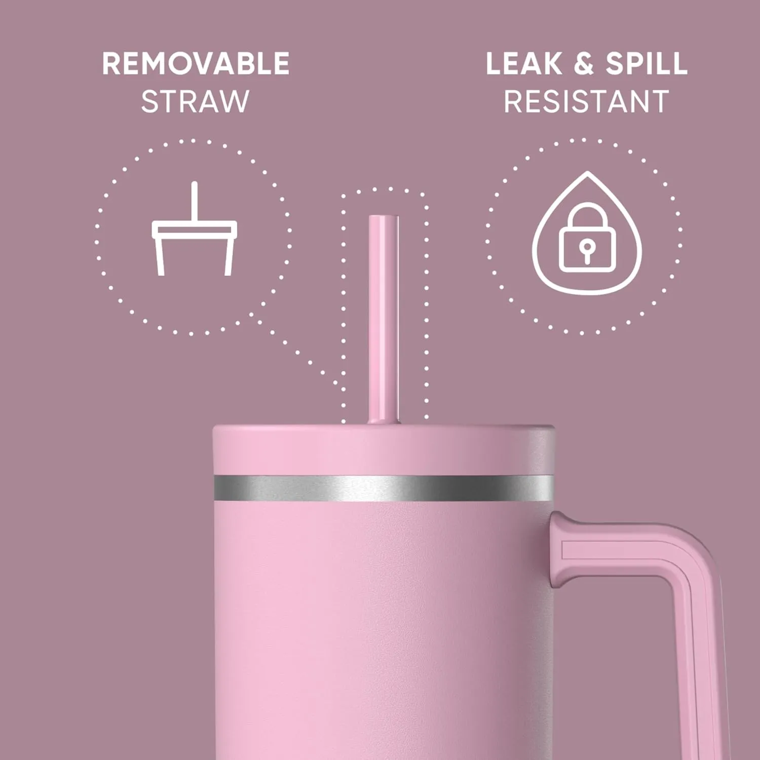 Hydrapeak Voyager 40 Oz Stainless Steel Tumbler with Handle, Insulated Water Bottle With Straw & Lid, Cupholder Friendly Reusable Travel Mug (Cotton Pink)