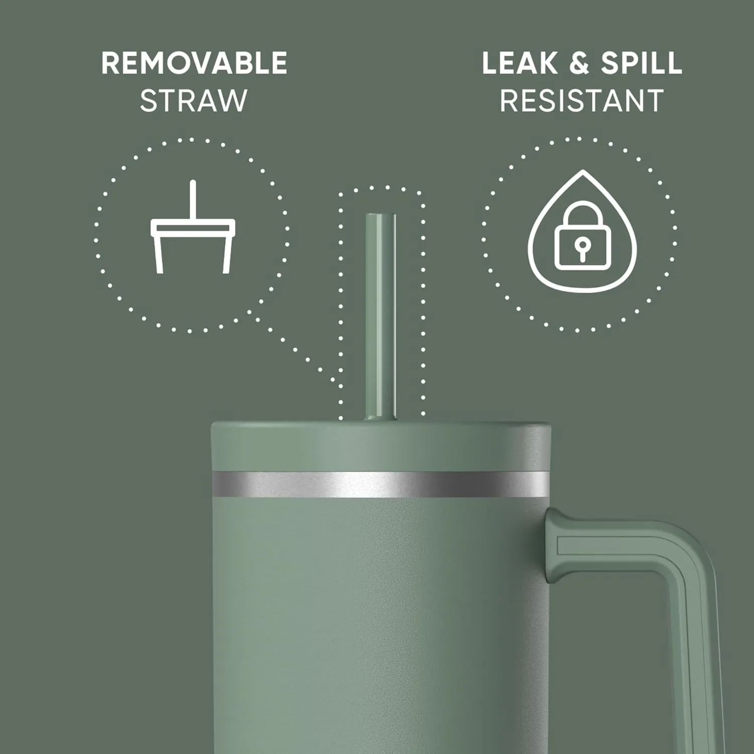 Hydrapeak Voyager 40 Oz Stainless Steel Tumbler with Handle, Insulated Water Bottle With Straw & Lid, Cupholder Friendly Reusable Travel Mug (Sage Leaf)