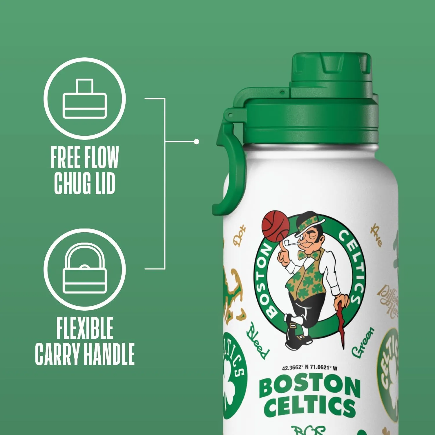 Hydrapeak x NBA Officially Licensed Boston Celtics 32oz Active Water Bottle Chug Lid Stainless Steel Reusable Double Wall Celebrating The City Of Boston