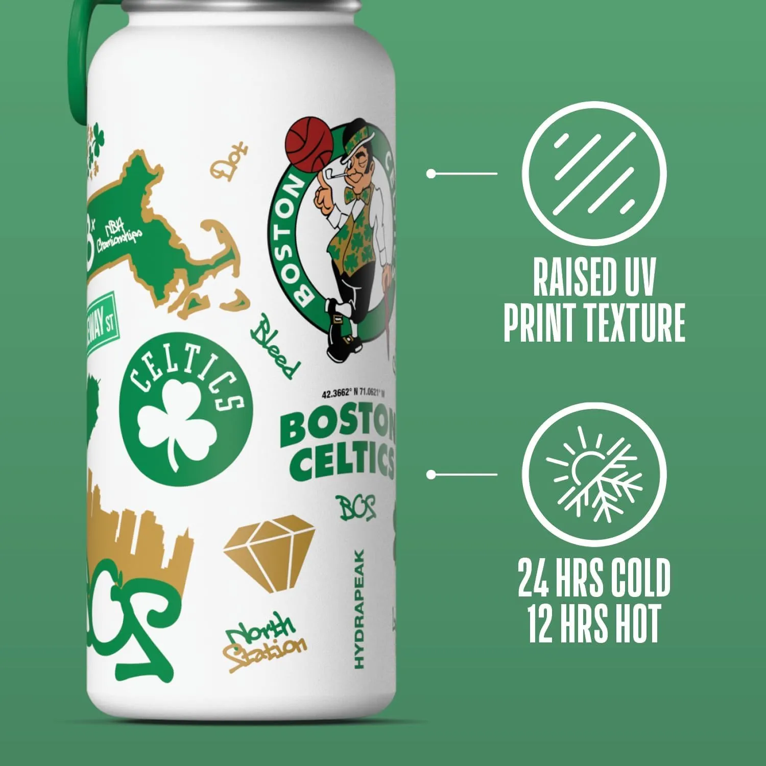 Hydrapeak x NBA Officially Licensed Boston Celtics 32oz Active Water Bottle Chug Lid Stainless Steel Reusable Double Wall Celebrating The City Of Boston