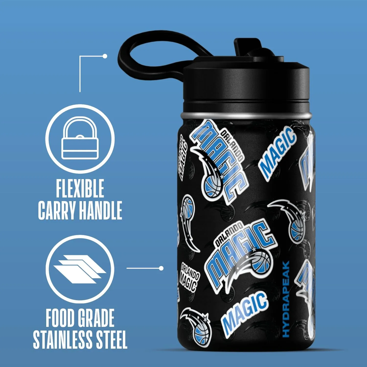 Hydrapeak x NBA Officially Licensed Orlando Magic 14oz Mini Kids Water Bottle with Straw Lid and Handle Reusable Stainless Steel Double Wall Insulated Spill Proof Sports Gift for Boys Girls