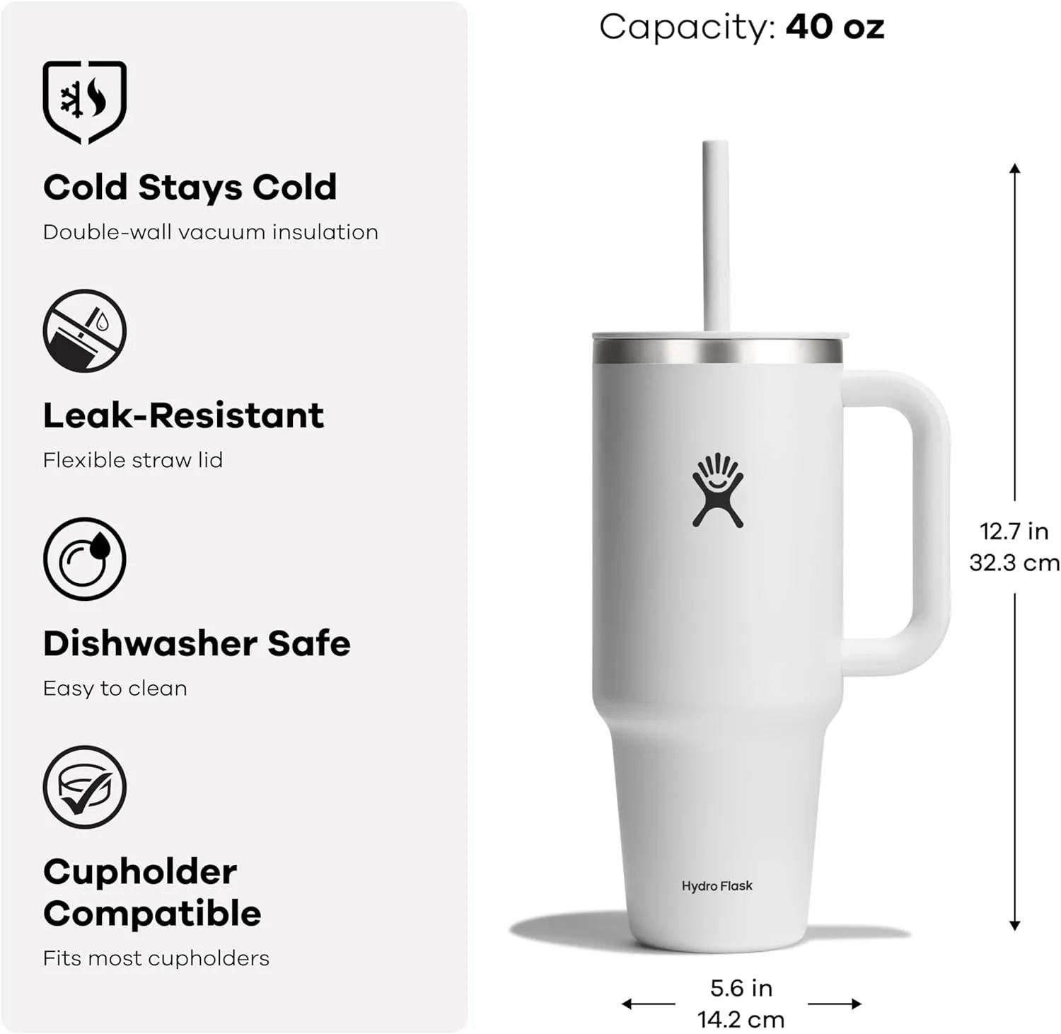 Hydro Flask 40 Oz Travel Tumbler with Handle, Lid and Straw - Insulated Stainless Steel in 40 Oz Black