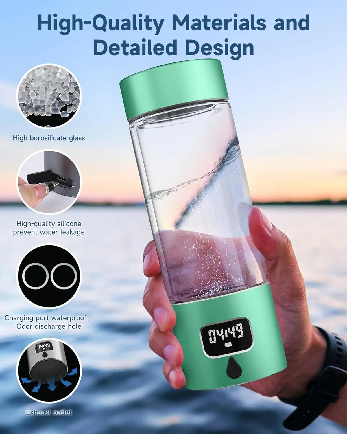 Hydrogen Water Bottle - Portable, Rechargeable, LED Timer, Aluminum and Glass, 5000 PPB Hydrogen in 10 Minutes, 340ml Capacity, for Husband, Friend & Family, for Travel, Sports, Home, Office(Green)
