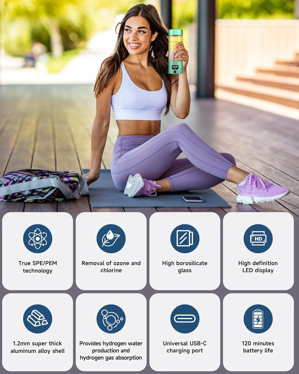 Hydrogen Water Bottle - Portable, Rechargeable, LED Timer, Aluminum and Glass, 5000 PPB Hydrogen in 10 Minutes, 340ml Capacity, for Husband, Friend & Family, for Travel, Sports, Home, Office(Green)