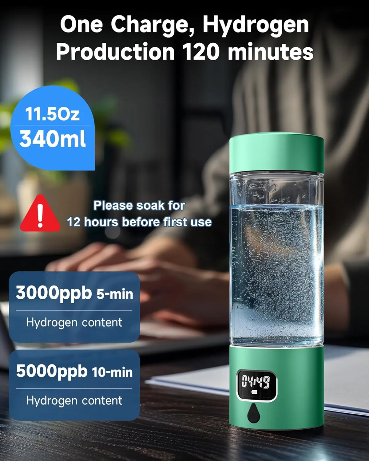 Hydrogen Water Bottle - Portable, Rechargeable, LED Timer, Aluminum and Glass, 5000 PPB Hydrogen in 10 Minutes, 340ml Capacity, for Husband, Friend & Family, for Travel, Sports, Home, Office(Green)