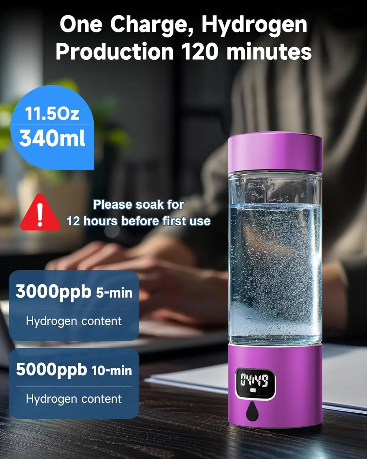 Hydrogen Water Bottle - Portable, Rechargeable, LED Timer, Aluminum and Glass, 5000 PPB Hydrogen in 10 Minutes, for Husband, Father, Friend & Family, for Sports, Home, Office