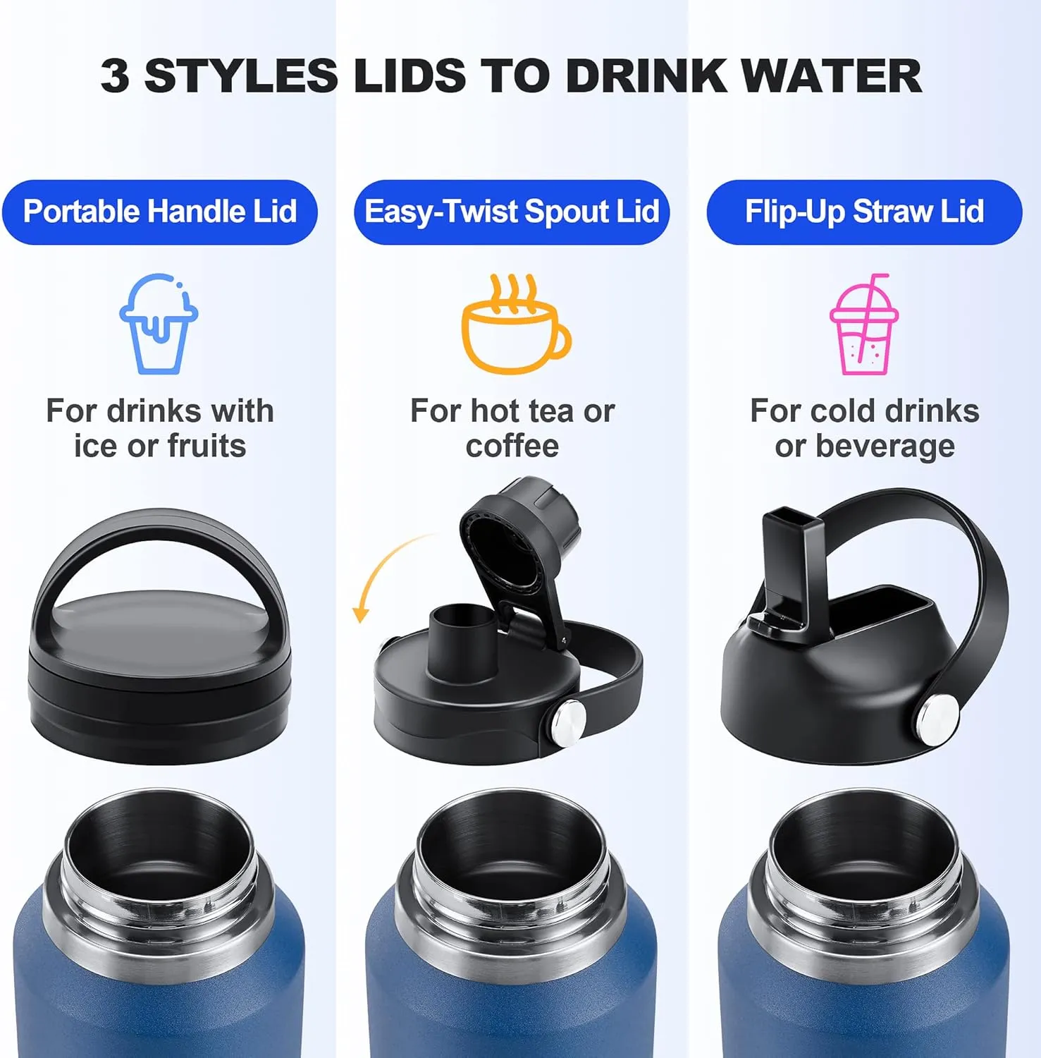HYDROWION 32oz Water Bottle, Double Wall Vacuum Stainless Steel Insulated Water Flask with Straw Lid, Spout Lid and Flex Cap(Cold for 48 Hrs, Hot for 24 Hrs), Leakproof Travel Thermo Mug, Pink&Blue