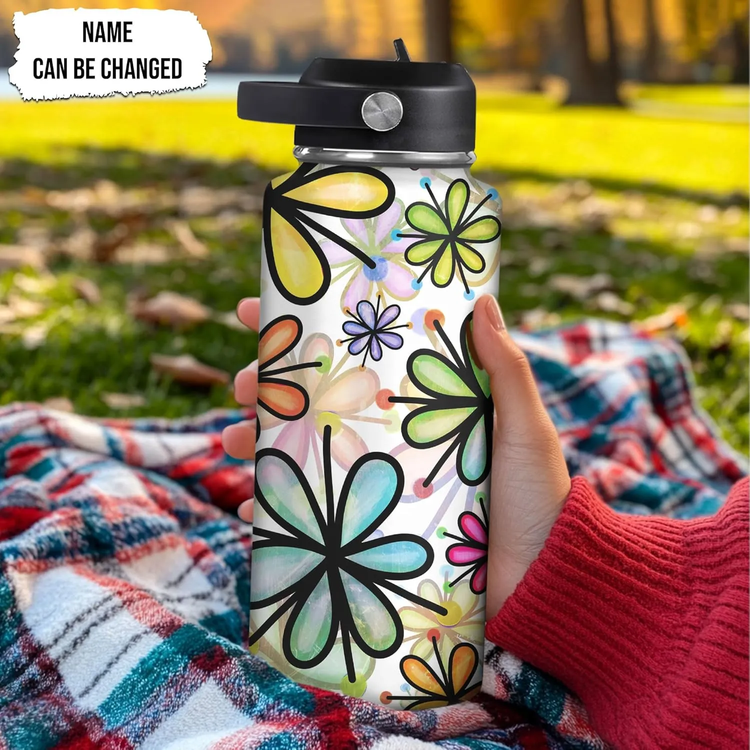 Hyturtle Personalized Gifts For Daisy Flower Lover - White Daisy Flower Print Custom Name Stainless Steel Water Bottle 12oz 18oz 32oz Stainless Steel Bottle With Straw Lid - Gifts For Her Women Girl