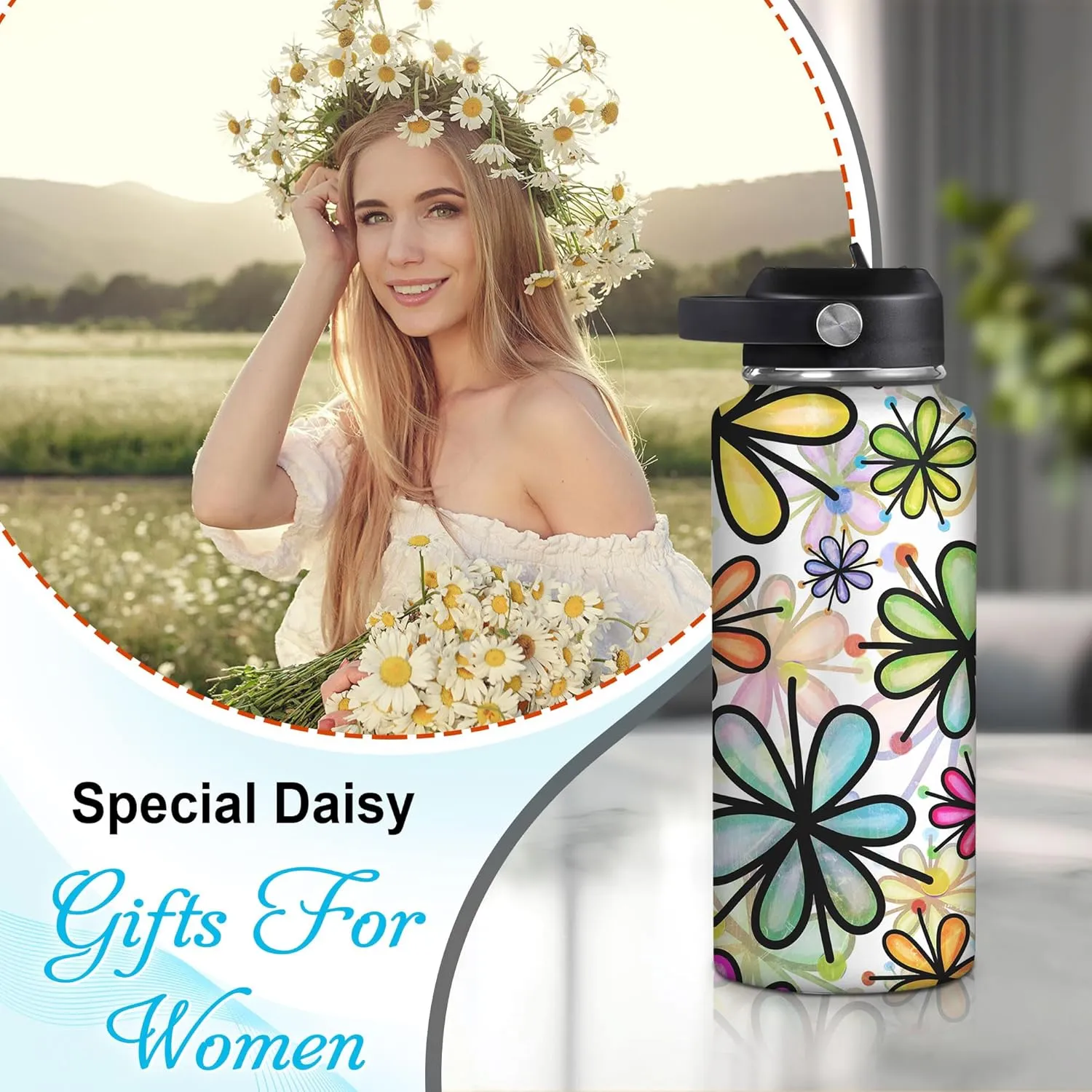 Hyturtle Personalized Gifts For Daisy Flower Lover - White Daisy Flower Print Custom Name Stainless Steel Water Bottle 12oz 18oz 32oz Stainless Steel Bottle With Straw Lid - Gifts For Her Women Girl