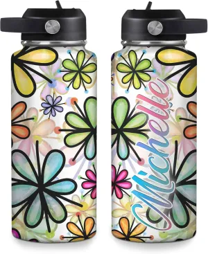 Hyturtle Personalized Gifts For Daisy Flower Lover - White Daisy Flower Print Custom Name Stainless Steel Water Bottle 12oz 18oz 32oz Stainless Steel Bottle With Straw Lid - Gifts For Her Women Girl