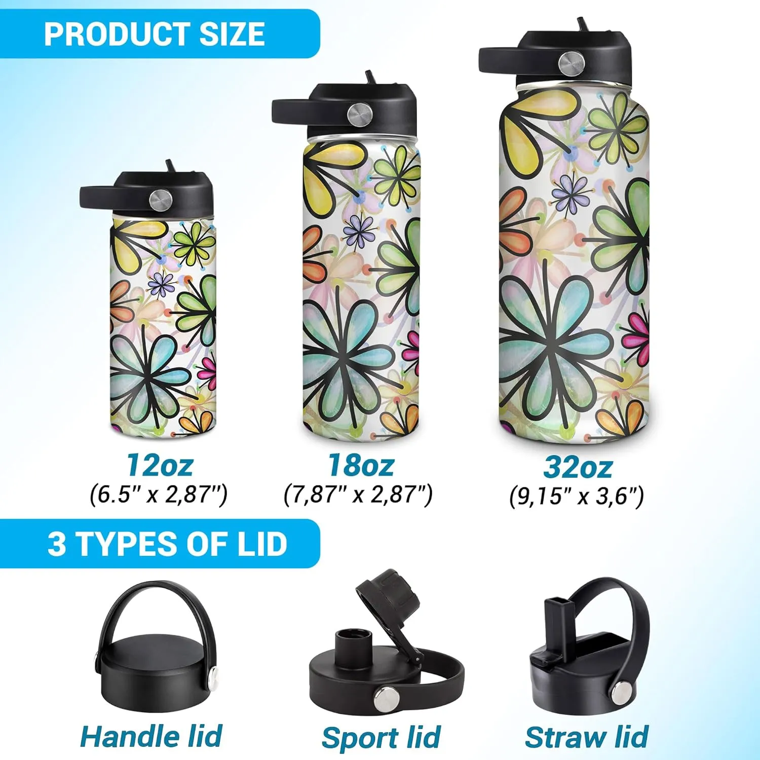 Hyturtle Personalized Gifts For Daisy Flower Lover - White Daisy Flower Print Custom Name Stainless Steel Water Bottle 12oz 18oz 32oz Stainless Steel Bottle With Straw Lid - Gifts For Her Women Girl