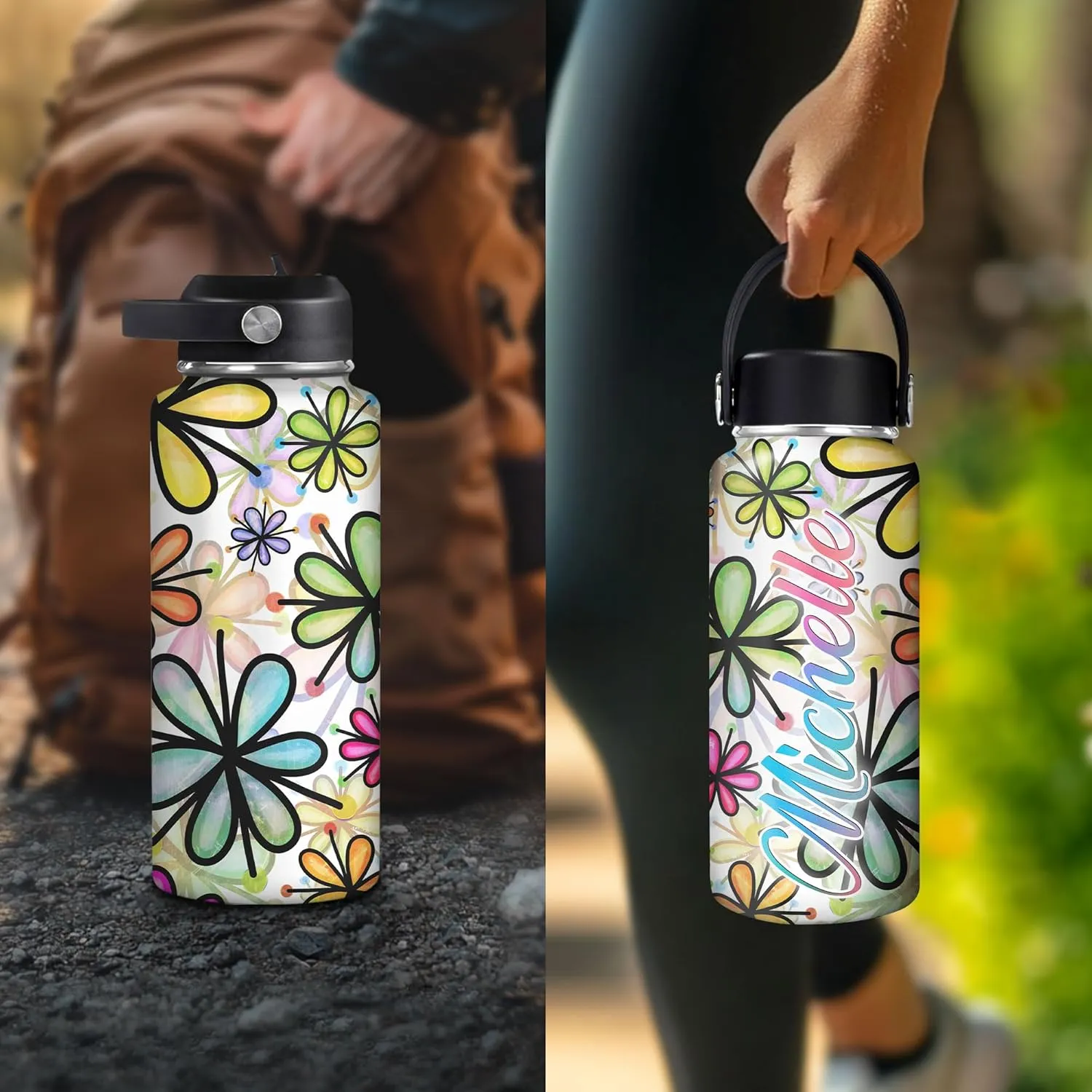 Hyturtle Personalized Gifts For Daisy Flower Lover - White Daisy Flower Print Custom Name Stainless Steel Water Bottle 12oz 18oz 32oz Stainless Steel Bottle With Straw Lid - Gifts For Her Women Girl