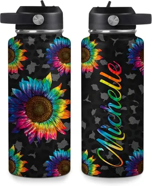 Hyturtle Personalized Gifts For Sunflower Lover - Sunflower Prints Custom Name Stainless Steel Bottle 12oz 18oz 32oz Stainless Steel Bottle With Straw Lid-Floral Lover Gifts On Birthday, Christmas
