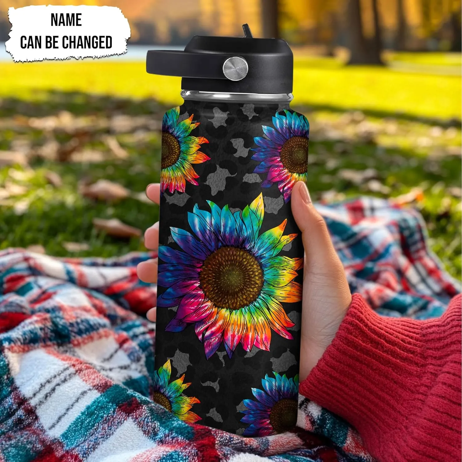 Hyturtle Personalized Gifts For Sunflower Lover - Sunflower Prints Custom Name Stainless Steel Bottle 12oz 18oz 32oz Stainless Steel Bottle With Straw Lid-Floral Lover Gifts On Birthday, Christmas