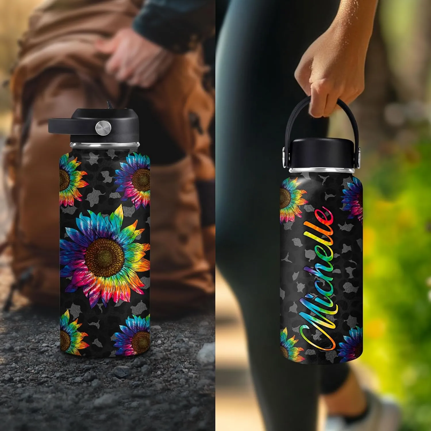 Hyturtle Personalized Gifts For Sunflower Lover - Sunflower Prints Custom Name Stainless Steel Bottle 12oz 18oz 32oz Stainless Steel Bottle With Straw Lid-Floral Lover Gifts On Birthday, Christmas