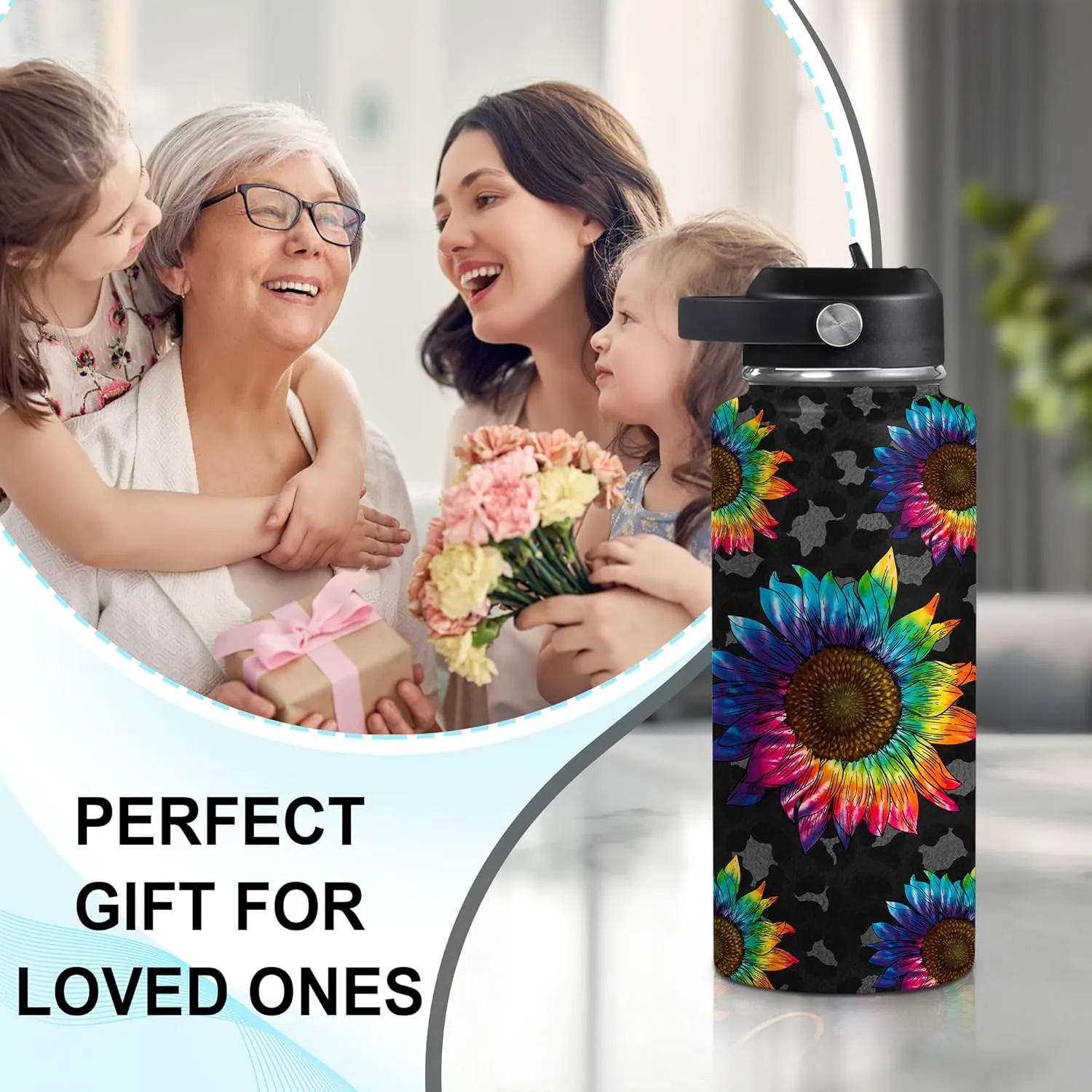 Hyturtle Personalized Gifts For Sunflower Lover - Sunflower Prints Custom Name Stainless Steel Bottle 12oz 18oz 32oz Stainless Steel Bottle With Straw Lid-Floral Lover Gifts On Birthday, Christmas