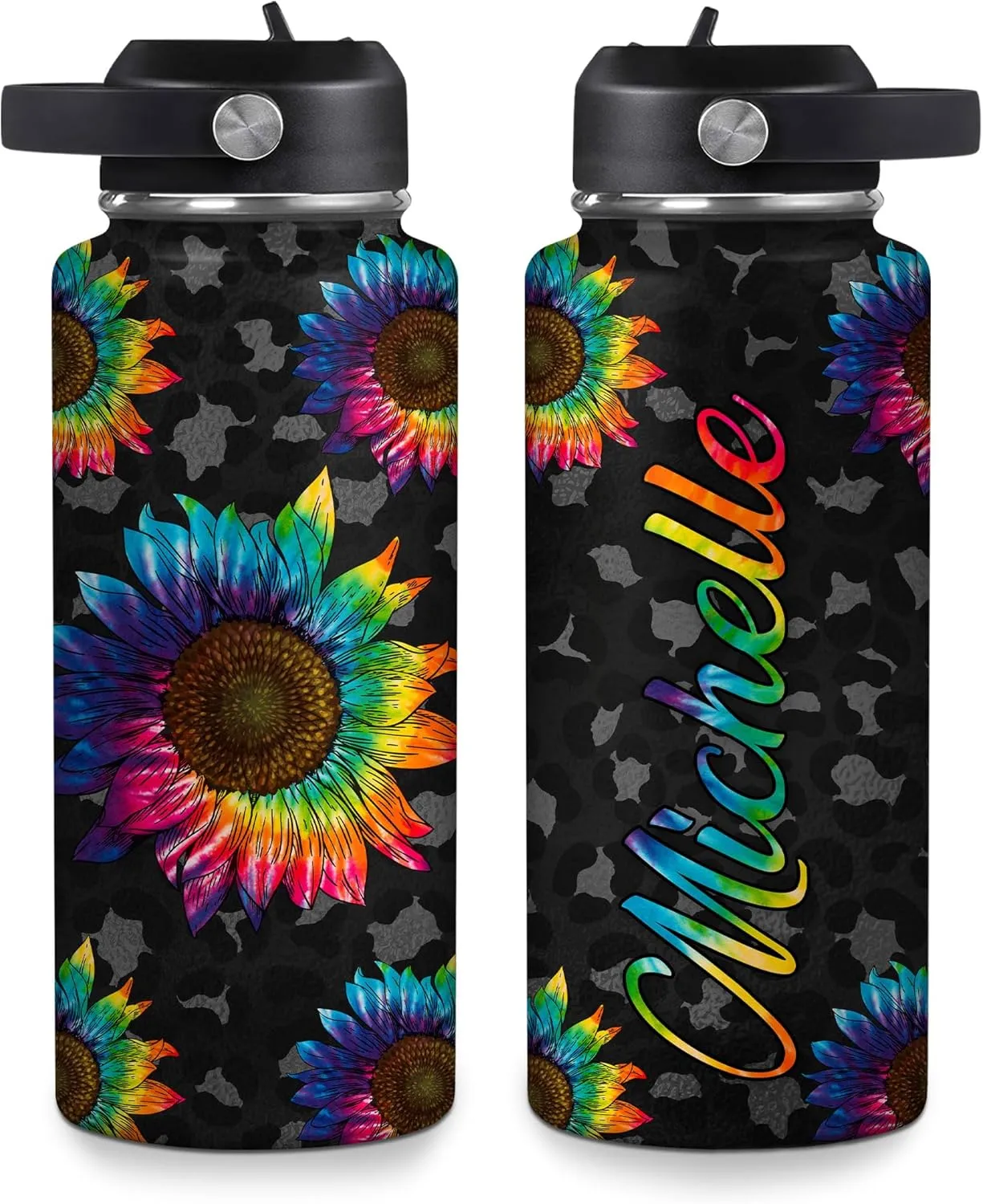 Hyturtle Personalized Gifts For Sunflower Lover - Sunflower Prints Custom Name Stainless Steel Bottle 12oz 18oz 32oz Stainless Steel Bottle With Straw Lid-Floral Lover Gifts On Birthday, Christmas